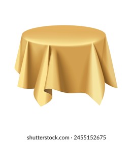 Gold silk fabric tablecloth on round table, 3D realistic blanket vector illustration