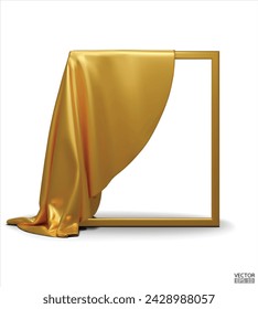 Gold Silk fabric unveiling empty frame isolated on white background. Golden satin covered objects. 3d vector illustration.