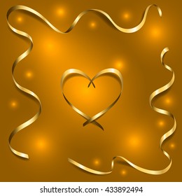 Gold silk heart with frame ribbons. Golden satin silhouette on shiny light background. Symbol happy love romantic wedding. Valentine Day design template for invitation card, poster Vector Illustration