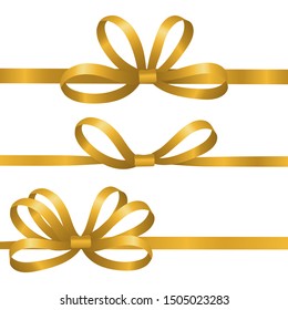 Gold silk ribbons. Satin bows vector elements. Realistic ribbons for gift wrapping isolated on white background