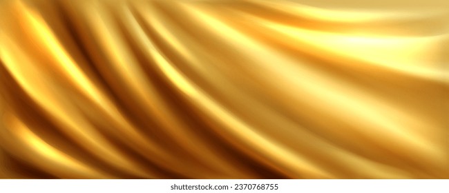 Goldener seidener Satin-Stoff, flüssige Textur-Hintergrund. Abstrakte Welle glänzende luxuriöse Stoff-Stoff-Stoff mit Draperie für Vorhängen Dekoration. Schneefrächtige gelbe Muster-Hintergrund. Fashion Drape elegante Oberfläche