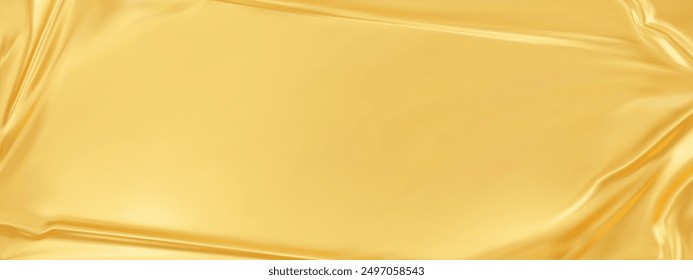 Gold silk satin luxury background. Golden elegant background with space for design. Draped fabric Flat lay, Template, cover, header, Wide banner. panoramic view. 3D vector illustration.