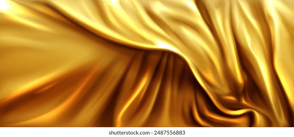 Gold silk texture. Luxury satin fabric curtain background. Abstract golden liquid velvet cloth material with elegant drapery. Royalty shine 3d cover realistic banner surface with smooth drape.