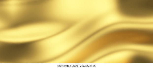 Fondo de onda de seda dorada con satén dorado líquido para el patrón de tela de lujo. Abstractas diseño de bandera lisa con material de tela amarilla en Vector de cinta 3D. Cortinas de boda Premium con terciopelo brillante.