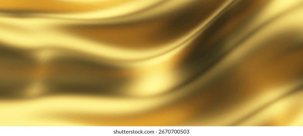Fondo de onda de seda dorada con satén dorado líquido para el patrón de tela de lujo. Abstractas diseño de bandera lisa con material de tela amarilla en Vector de cinta 3D. Cortinas de boda Premium con terciopelo brillante.