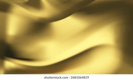Fondo de onda de seda dorada con satén dorado líquido para el patrón de tela de lujo. Abstractas diseño de bandera lisa con material de tela amarilla en Vector de cinta 3D. Cortinas de boda Premium con terciopelo brillante.