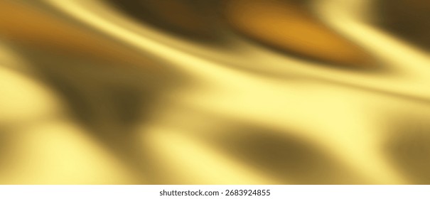 Fondo de onda de seda dorada con satén dorado líquido para el patrón de tela de lujo. Abstractas diseño de bandera lisa con material de tela amarilla en Vector de cinta 3D. Cortinas de boda Premium con terciopelo brillante.