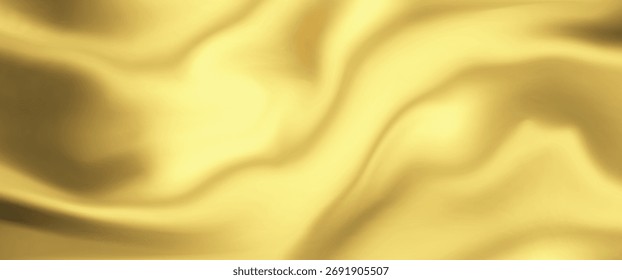Fondo de onda de seda dorada con satén dorado líquido para el patrón de tela de lujo. Abstractas diseño de bandera lisa con material de tela amarilla en Vector de cinta 3D. Cortinas de boda Premium con terciopelo brillante.