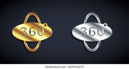 Gold and silver 360 degree view icon isolated on black background. Virtual reality. Angle 360 degree camera. Panorama photo. Long shadow style. Vector