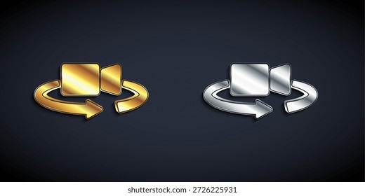 Gold and silver 360 degree view icon isolated on black background. Virtual reality. Angle 360 degree camera. Panorama photo. Long shadow style. Vector