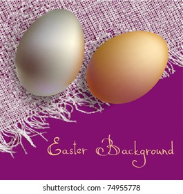 gold and silver 3d eggs on white canvas easter card with text, vector EPS10