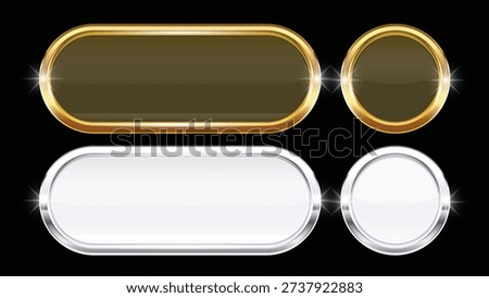 Gold and Silver 3D Glass Buttons with Chrome Frame – Glossy User Interface UI UX Web Elements Isolated on Black Background Vector Illustration