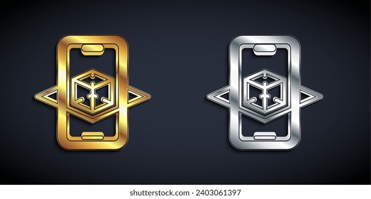 Gold and silver 3d modeling icon isolated on black background. Augmented reality or virtual reality. Long shadow style. Vector