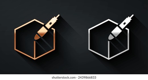 Gold and silver 3d pen tool icon isolated on black background. Long shadow style. Vector
