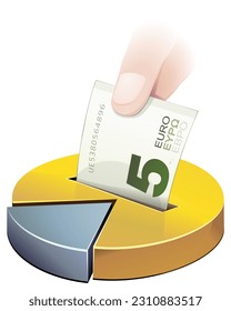 Gold and silver 3D pie chart statistics in which a 5 euro note is slipped like a piggy bank