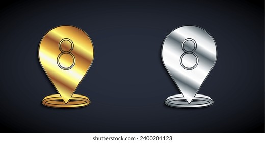 Gold and silver 8 March icon isolated on black background. International Happy Women Day. Long shadow style. Vector