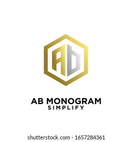 gold silver ab, ba, a b initial monogram hexagon letter black logo design with white background