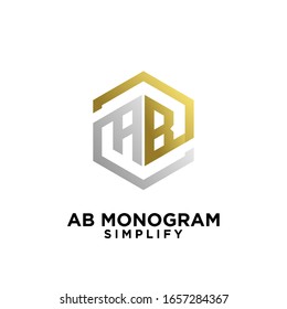 gold silver ab, ba, a b initial monogram hexagon letter black logo design with white background