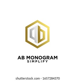 gold silver ab, ba, a b initial monogram hexagon letter black logo design with white background