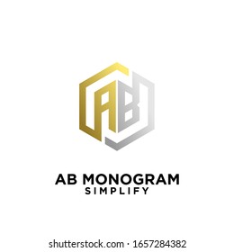 gold silver ab, ba, a b initial monogram hexagon letter black logo design with white background