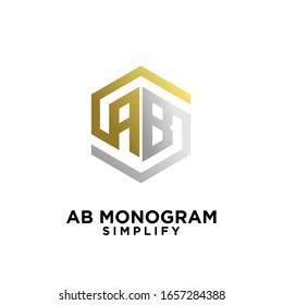 gold silver ab, ba, a b initial monogram hexagon letter black logo design with white background