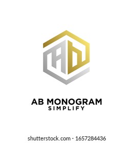 gold silver ab, ba, a b initial monogram hexagon letter black logo design with white background