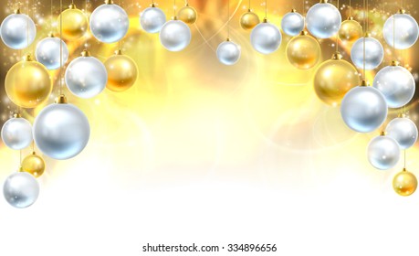 Gold and silver abstract Christmas bauble decoration header background. Fades to white at the bottom for easy use as border design or header. 