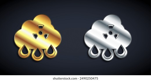 Gold and silver Acid rain and radioactive cloud icon isolated on black background. Effects of toxic air pollution on the environment. Long shadow style. Vector