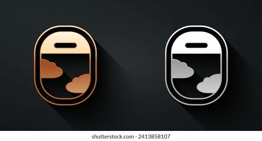 Icono de la ventana del avión de oro y plata aislado en fondo negro. Bocadillo de avión. Estilo de sombra larga. Vector
