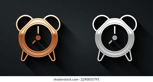 Gold and silver Alarm clock icon isolated on black background. Wake up, get up concept. Time sign. Long shadow style. Vector