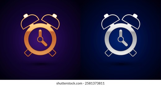 Gold and silver Alarm clock icon isolated on black background. Wake up, get up concept. Time sign.  Vector