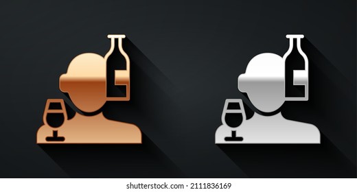 Gold and silver Alcoholism, or alcohol use disorder icon isolated on black background. Long shadow style. Vector