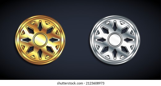 Gold and silver Alloy wheel for car icon isolated on black background. Long shadow style. Vector