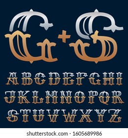 Gold and silver alphabet in slab serif retro style. Vector crown glossy font for your fashion poster, jewelry badge, vintage banner, boutique card etc.