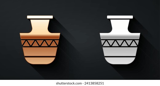 Gold and silver Ancient amphorae icon isolated on black background. Long shadow style. Vector