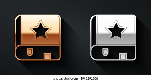 Gold and silver Ancient magic book with alchemy recipes and mystic spells and enchantments icon isolated on black background. Long shadow style. Vector