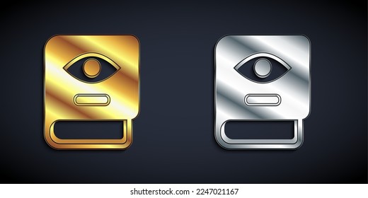 Gold and silver Ancient magic book with alchemy recipes and mystic spells and enchantments icon isolated on black background. Long shadow style. Vector