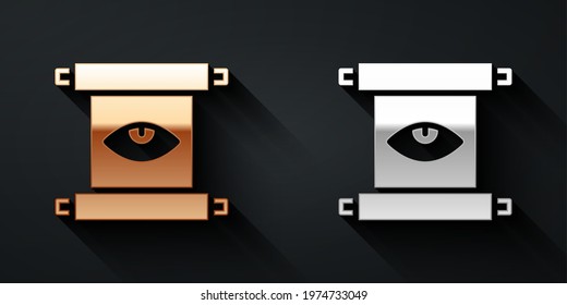 Gold and silver Ancient magic scroll with alchemy recipes and mystic spells and enchantments icon isolated on black background. Long shadow style. Vector