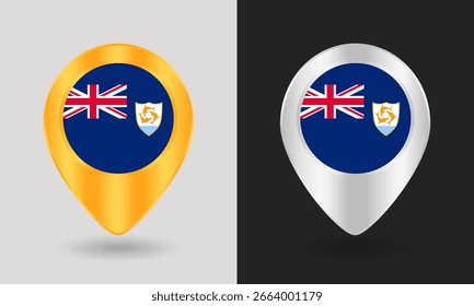 Ouro e prata Anguilla Flag Map Ícone do pino