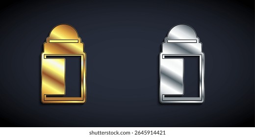 Gold and silver Antiperspirant deodorant roll icon isolated on black background. Cosmetic for body hygiene. Long shadow style. Vector
