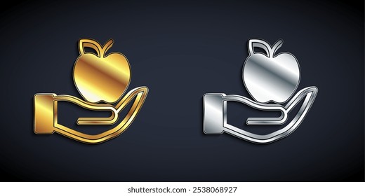 Gold and silver Apple icon isolated on black background. Excess weight. Healthy diet menu. Fitness diet apple. Long shadow style. Vector