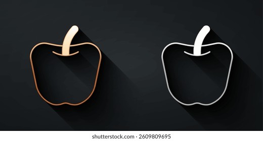 Gold and silver Apple icon isolated Gold and silver background. Excess weight. Healthy diet menu. Fitness diet apple. Long shadow style. Vector