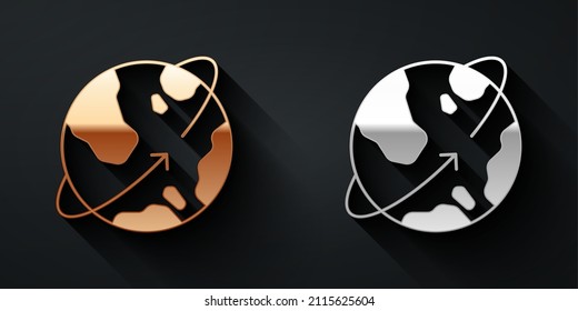 Gold and silver Artificial satellites orbiting the planet Earth in outer space icon isolated on black background. Communication, navigation concept. Long shadow style. Vector