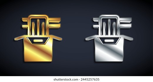 Gold and silver Asian noodles in paper box and chopsticks icon isolated on black background. Street fast food. Korean, Japanese, Chinese food. Long shadow style. Vector