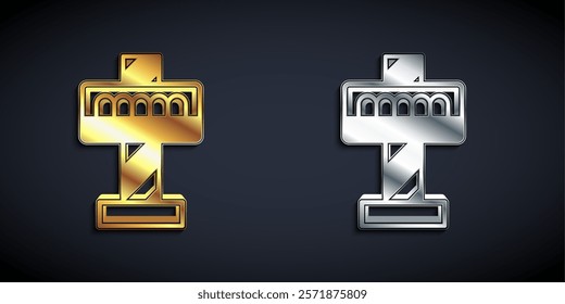 Gold and silver Attraction carousel icon isolated on black background. Amusement park. Childrens entertainment playground, recreation park. Long shadow style. Vector