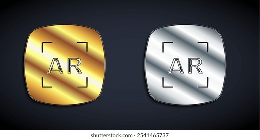 Gold and silver Augmented reality AR icon isolated on black background. Virtual futuristic wearable devices. Long shadow style. Vector