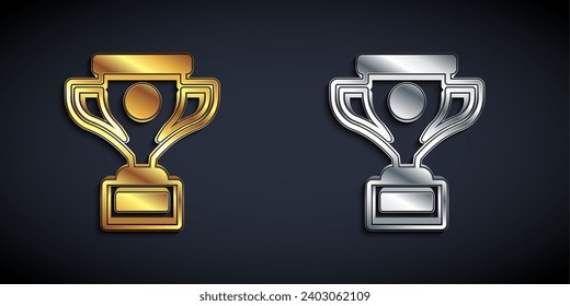 Gold and silver Award cup icon isolated on black background. Winner trophy symbol. Championship or competition trophy. Sports achievement sign. Long shadow style. Vector