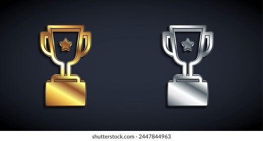 Gold and silver Award cup icon isolated on black background. Winner trophy symbol. Championship or competition trophy. Sports achievement sign. Long shadow style. Vector