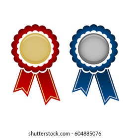 Gold and silver award rosette with red and blue ribbon