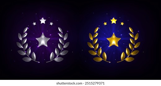 Gold and silver award trophy emblem with laurel wreath and glow effect. Realistic 3d vector illustration set of golden and silvery winner prize frame and badge with plant leaves on branch and stars.